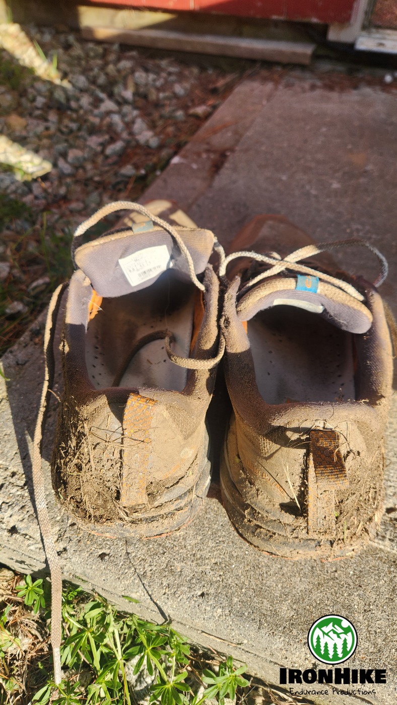 Beat-up trail shoes after IronHike Denali Endurance Event, earned on the Mountain
