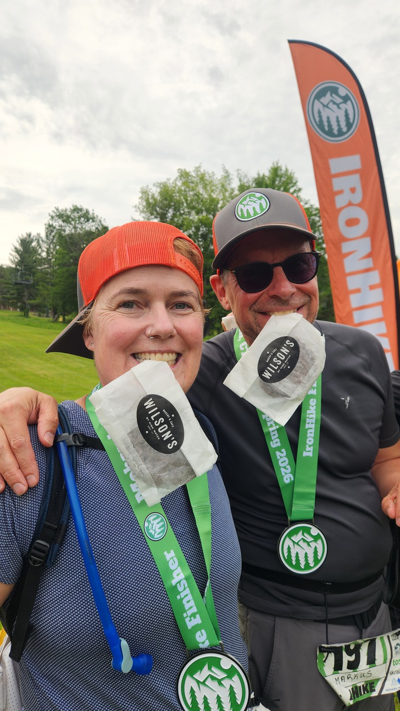 Grinning IronHike Spring 2026 Finishers with their Finisher&rsquo;s Medals and Wilson&rsquo;s cookies, Mohawk Mountain Cornwall CT