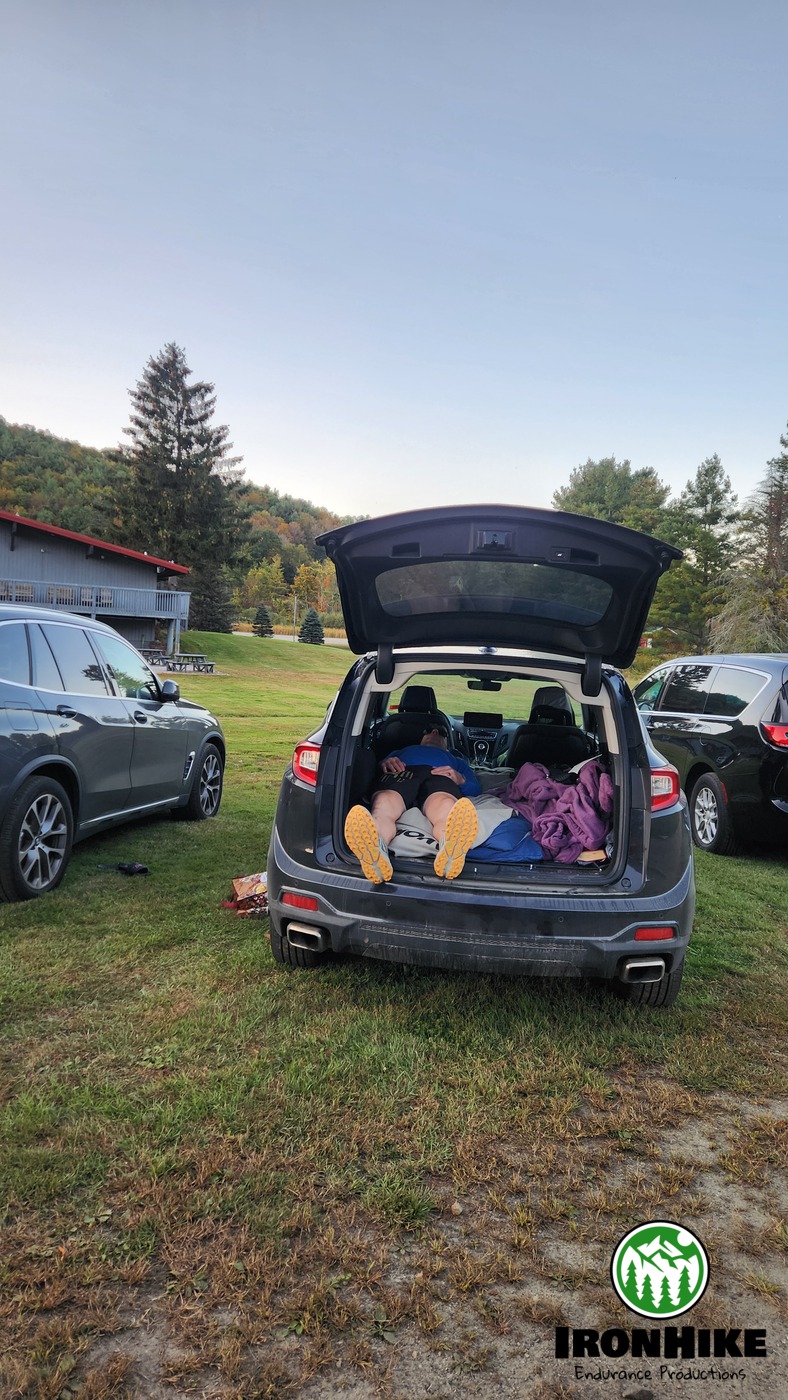 Resting in car between laps, IronHike Answer the Bell Ultra endurance event Mohawk Mountain Cornwall CT