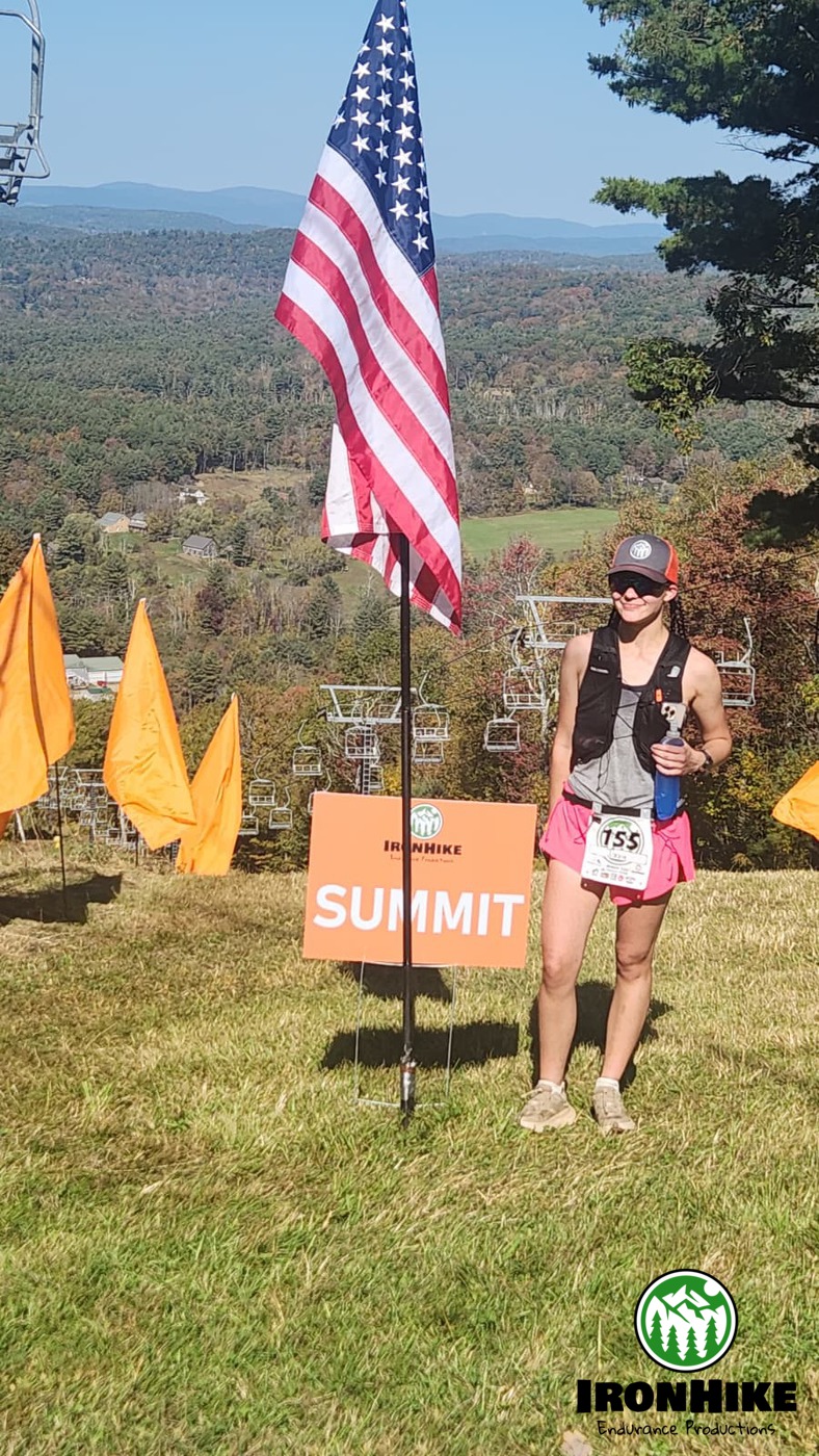 Isabelle at the summit, first-ever IronHike Answer the Bell Ultra Finisher, age 17, Mohawk Mountain Cornwall CT