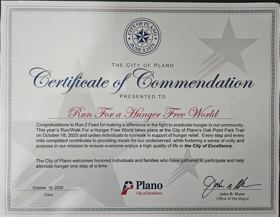 View City of Plano Honors Run2Feed Team in new tab